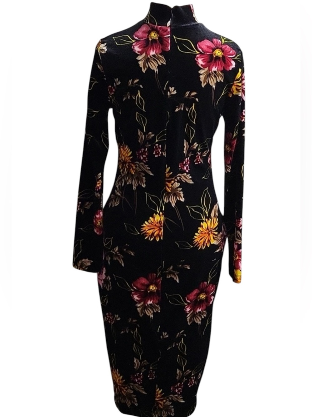 Venus Sz SM Black Velvet Bodycon Midi Dress Long Sleeve Mock Neck Floral Y2K - Picture 5 of 16